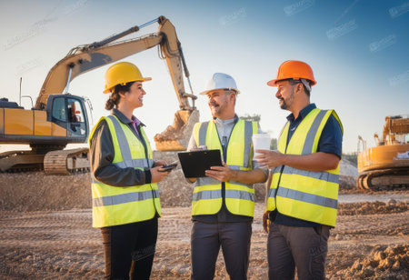Three construction workers in high-visibility vests and helmets converse on-site, with heavy...