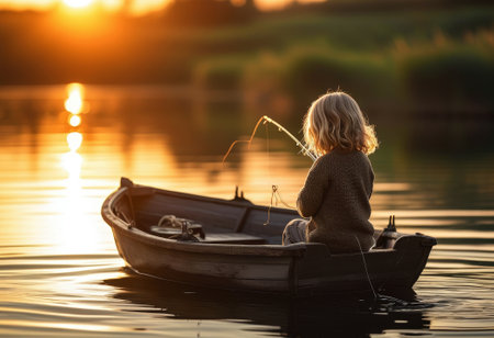 A serene moment of a young child fishing in a small boat during sunset, with golden light reflecting on calm water.の写真素材