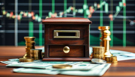 A small chest surrounded by coins, bills, and stock market charts, representing financial growth, investment, and wealth accumulation.の写真素材