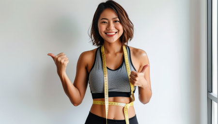 A fit woman smiles, giving thumbs up, while holding a measuring tape around her waist, symbolizing fitness success and weight loss.の素材