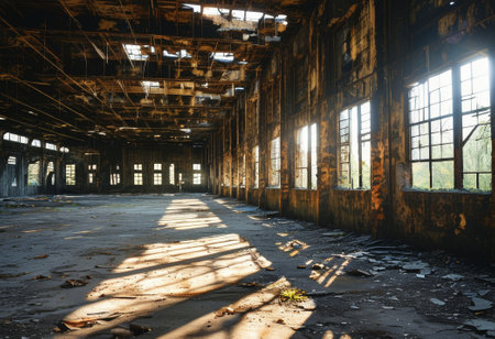 An old, abandoned warehouse with a collapsed roof and broken windows, with sunlight casting long shadows across the floor.の素材