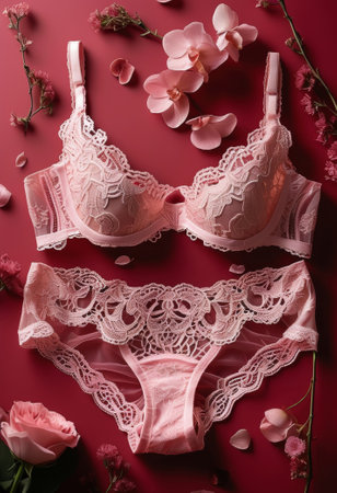 A delicate pink lace lingerie set displayed with flowers on a deep red background, creating a romantic and feminine atmosphere.の素材