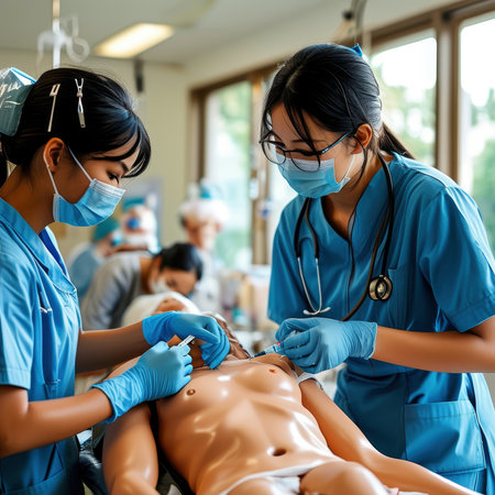 Two nurses in a hospital setting wear surgical masks while performing a medical procedure on a mannequin for practice or training.の素材