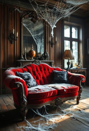 A spooky scene of an abandoned living room, featuring a vintage red velvet sofa covered in dust and cobwebs, creating an eerie atmosphere.の素材