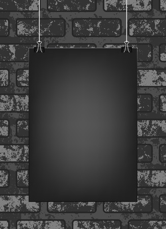 Black vertical poster template hanging on clips, isolated on grunge brick background. Poster realistic mokcup on a wall . Eps 10 vector illustrationのイラスト素材