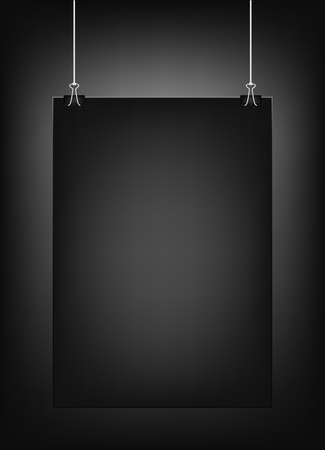 Black vertical poster template hanging on clips, isolated on a black background. Poster realistic mokcup on a wall . Eps 10 vector illustrationのイラスト素材