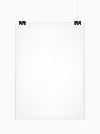 White vertical poster template hanging on clips, isolated on a white background. Poster realistic mokcup on a wall . Eps 10 vector illustrationのイラスト素材