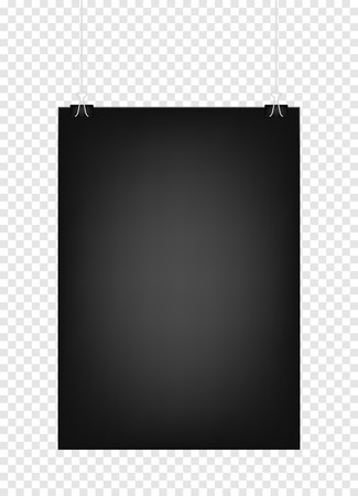 Black vertical poster template hanging on clips, isolated on background. Poster realistic mokcup on a wall . Eps 10 vector illustrationのイラスト素材