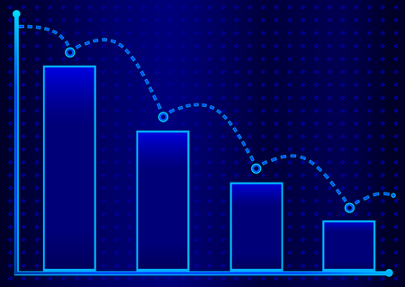 Decreasing bar graph with blue arrow . Isometric bar graph with two axes and columns, showing the rapid decline on a blue background . Eps 10 vector illustrationのイラスト素材
