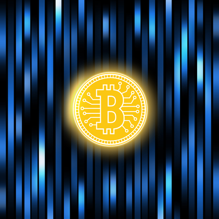 Bitcoin concept on an abstract blue background .Digital matrix of deducting money . Crypto currency abstraction golden bit-coin .の写真素材