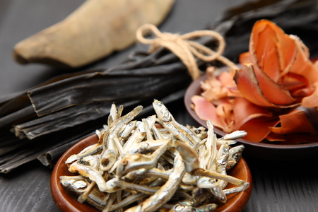typical dried foods for Japanese soup stockの写真素材