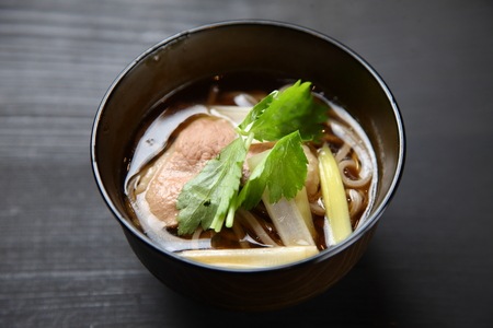 studio shot of soba noodle soup with porkの写真素材