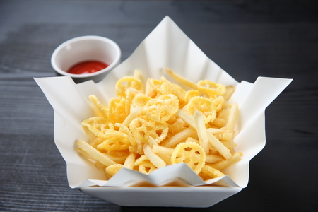 studio shot of snack food with tomato ketchupの写真素材