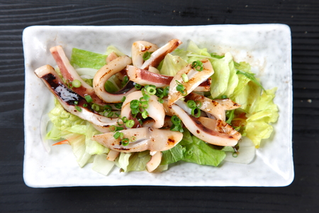 studio shot of stir fried calamari on black background