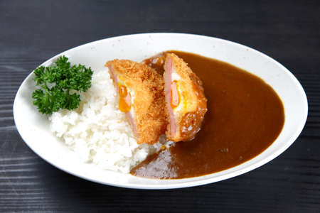 ham egg curry with riceの写真素材