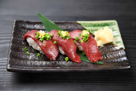 Raw Horse Meat Nigiri Sushiの写真素材