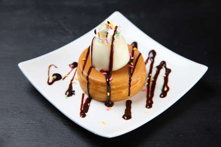 Japanese pancakes with ice cream wrapped in mochiの写真素材
