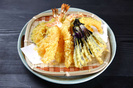 assorted tempura on black backgroundの写真素材