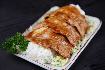 Pork fried with ginger on riceの写真素材