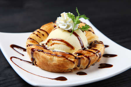 vanilla ice with chocolate sauce on biscuitの写真素材