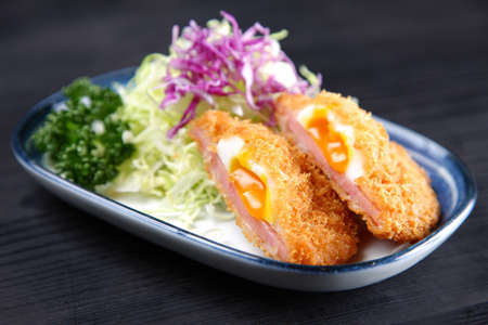 ham egg curry with riceの写真素材
