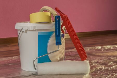 Set of house renovation tools on floor.の写真素材