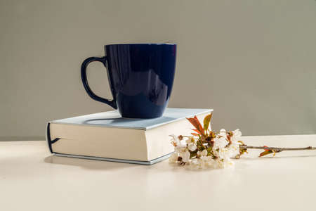Book with coffee cup and flower blossom on white table. With gray background.