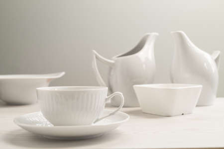 Cup of tea on a white table.の写真素材
