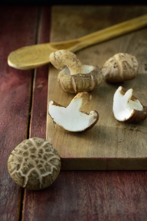 Mushrooms on a kitchen tableの写真素材