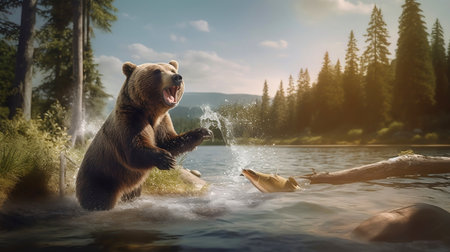 Witness the remarkable hunting skills of a bear as it prepares to catch its prey in this thrilling photo. With focused eyes and poised paws, the bear exemplifies strength, agility, and natural instinct. The anticipation is palpable as it gets ready to make its move, demonstrating the incredible adaptability and resourcefulness of these remarkable creatures.の素材