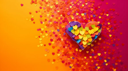 Colorful paper hearts on orange background. Valentine's day concept.の素材