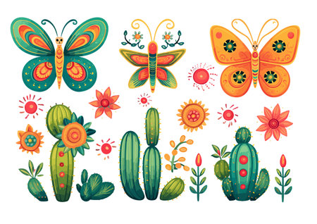 Set of cactuses, flowers and butterflies. Vector illustration.のイラスト素材