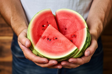 This vibrant photo features a cheerful man holding a juicy watermelon slice on a clean white background. The refreshing colors and healthy snack evoke a sense of summer delight and wellness.の写真素材