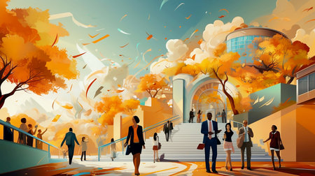 This vibrant illustration captures the excitement and warmth of returning to school. The image showcases a cheerful scene filled with smiling students, backpacks, books, and educational elements.の写真素材