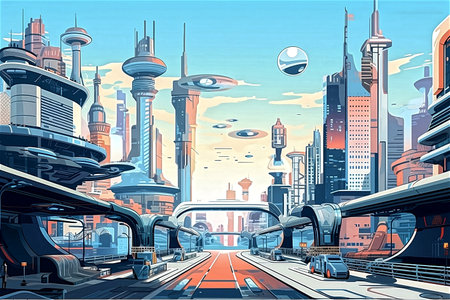 Immerse yourself in the bustling streets of a futuristic city adorned with mesmerizing billboards. This captivating picture showcases a dynamic urban landscape, where towering skyscrapers and sleek architecture coexist with vibrant digital advertisements.の写真素材