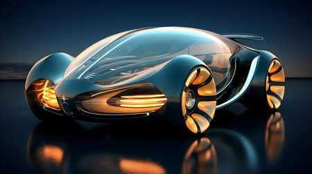 This captivating illustration depicts a futuristic electric vehicle (EV) that showcases the cutting-edge technology and sleek design of sustainable transportation.の写真素材
