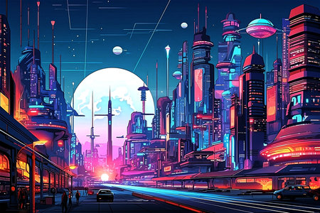 The billboards, displaying cutting-edge products and services, add a dynamic and futuristic touch to the city. This picture invites viewers to imagine a world where technology seamlessly integrates into our urban environments.の写真素材