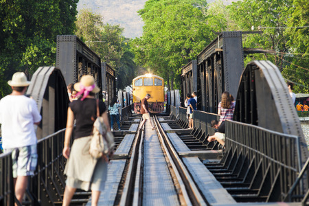 The train on The Bridge of the River Kwai (the Death Railway Bridge over River Kwai) in...
