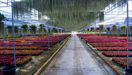 Various multicolored bromeliad plants garden, colorful bromeliad leaves, tropical plantのeditorial素材