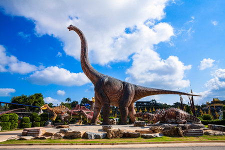 Nong Nooch Garden, PATTAYA, THAILAND - April 1, 2020: Dinosaur Valley? in Nong Nooch Tropical Botanical Garden, Pattaya, Thailand.のeditorial素材