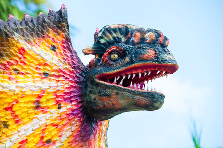 Nong Nooch Garden, PATTAYA, THAILAND - April 1, 2020: Dinosaur Valley? in Nong Nooch Tropical Botanical Garden, Pattaya, Thailand.  compsognathus.のeditorial素材