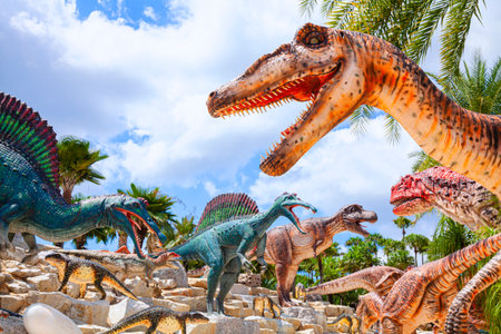 Nong Nooch Garden, PATTAYA, THAILAND - April 1, 2020: Dinosaur Valley? in Nong Nooch Tropical Botanical Garden, Pattaya, Thailand.  compsognathus.のeditorial素材