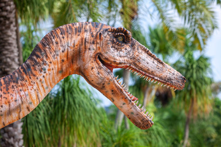 Nong Nooch Garden, PATTAYA, THAILAND - April 1, 2020: Dinosaur Valley? in Nong Nooch Tropical Botanical Garden, Pattaya, Thailand.  compsognathus.のeditorial素材