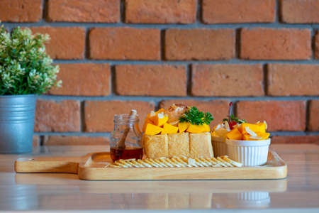Mango Tango Honey Toast,Honey Toast with mango,Vanilla ice cream and whipped cream dessert.