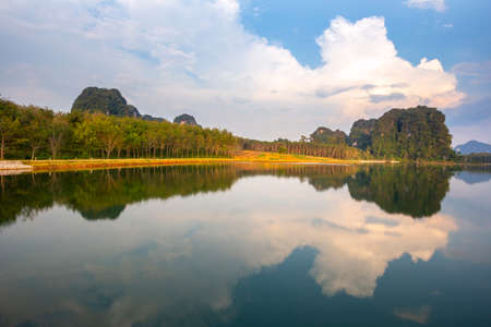 beautiful sky in the morning,Ban Khao Khom Peat Swamp Forest Nature Research and Study Center is a new tourist attraction and destination community of Ban Khao Khom, Khao Khram, Mueang Krabi District, Krabi, Thailandの写真素材