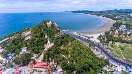 Wat Khao Takiab hill and beach in hua Hin, Prachuap Khiri Khan, Thailandの写真素材