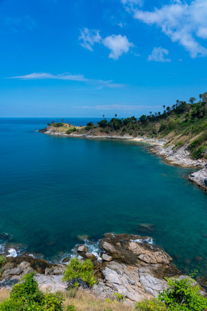 Amazing landscape nature scenery view of Beautiful tropical sea with Sea coast view in summer season image by Aerial view drone top down, high angle view Located at Laem Promthep Phuket Thailand.の写真素材