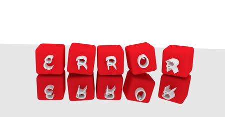 3d illustration rendering error letters word red dice cube on reflectionの写真素材