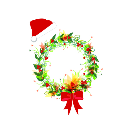 Greeting card . Round Christmas wreath with red berries, Santa hat and red bow.Isolated on white background.のイラスト素材