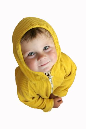 child in yellow looking upwardの写真素材